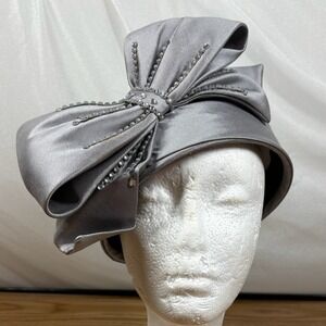 Anna Rossi Women Pillbox Hat Silk Wool Silver Rhinestone Bow Formal Church H3605